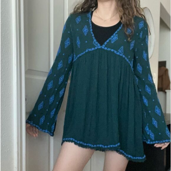 Free People Diamond Embroidered Smock Tunic Top Size Medium Bell Sleeve Bohemian - Picture 5 of 7